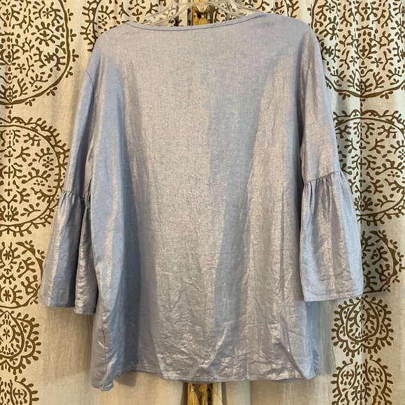 Ellen Tracy Women's Large L Blue Metallic Shimmer Linen Blouse Shirt Top Classy - Picture 7 of 7
